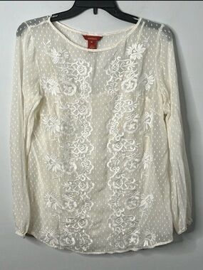 Sundance White Silk Floral Embroidered Swiss Dot Blouse Size Medium